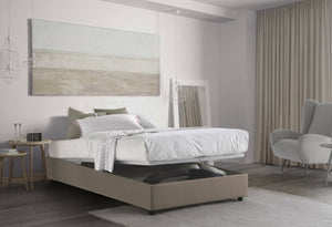 Letto piazza e mezza Alvise, Letto contenitore con rivestimento in tessuto, Made in Italy, Apertura frontale, con materasso cm 120x190 incluso, Tortora