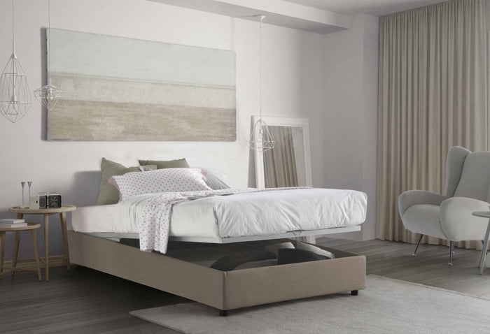 Letto piazza e mezza Alvise, Letto contenitore con rivestimento in tessuto, Made in Italy, Apertura frontale, con materasso cm 120x190 incluso, Tortora