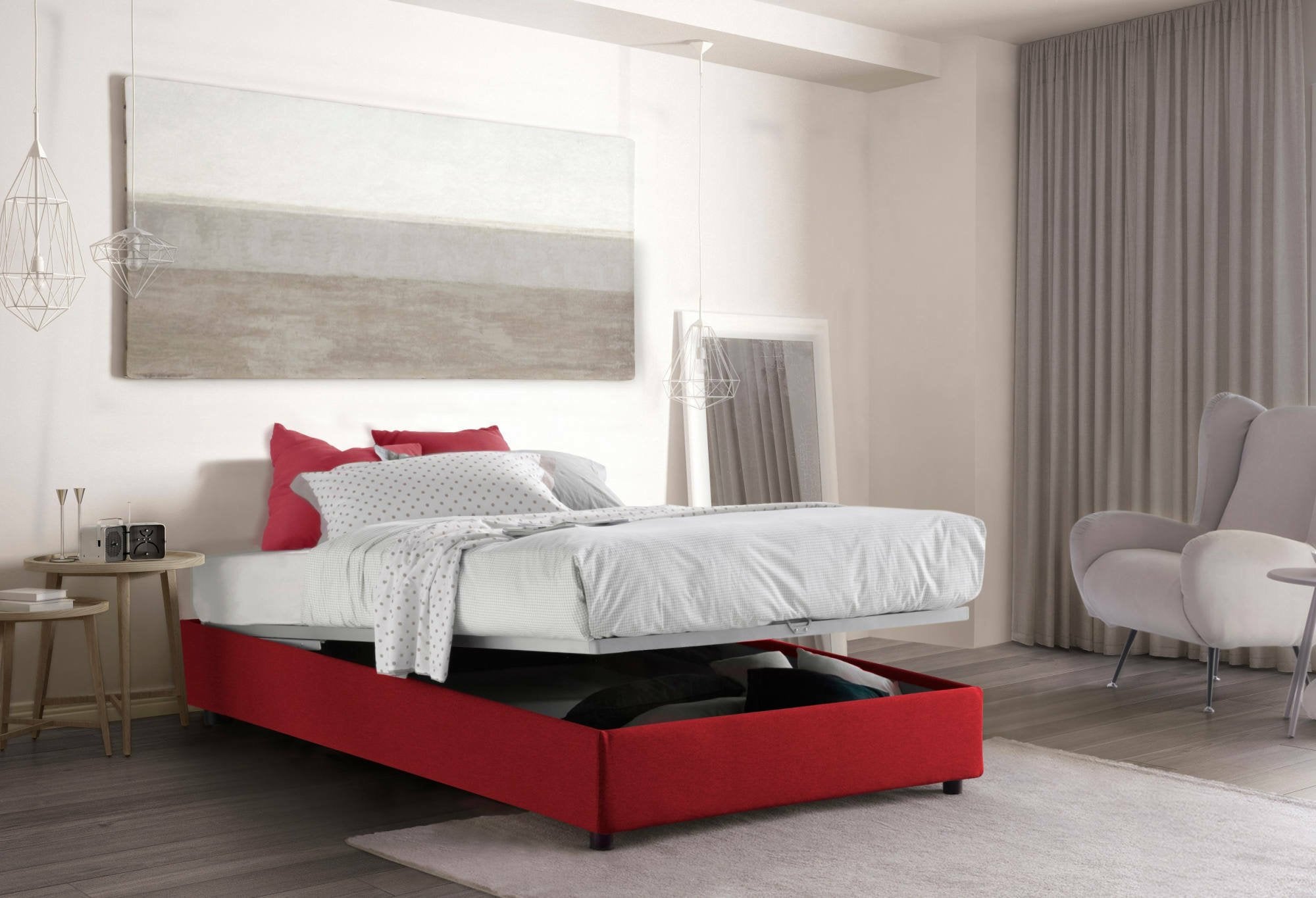 Letto piazza e mezza Alvise, Letto contenitore con rivestimento in tessuto, Made in Italy, Apertura frontale, con materasso cm 120x190 incluso, Rosso