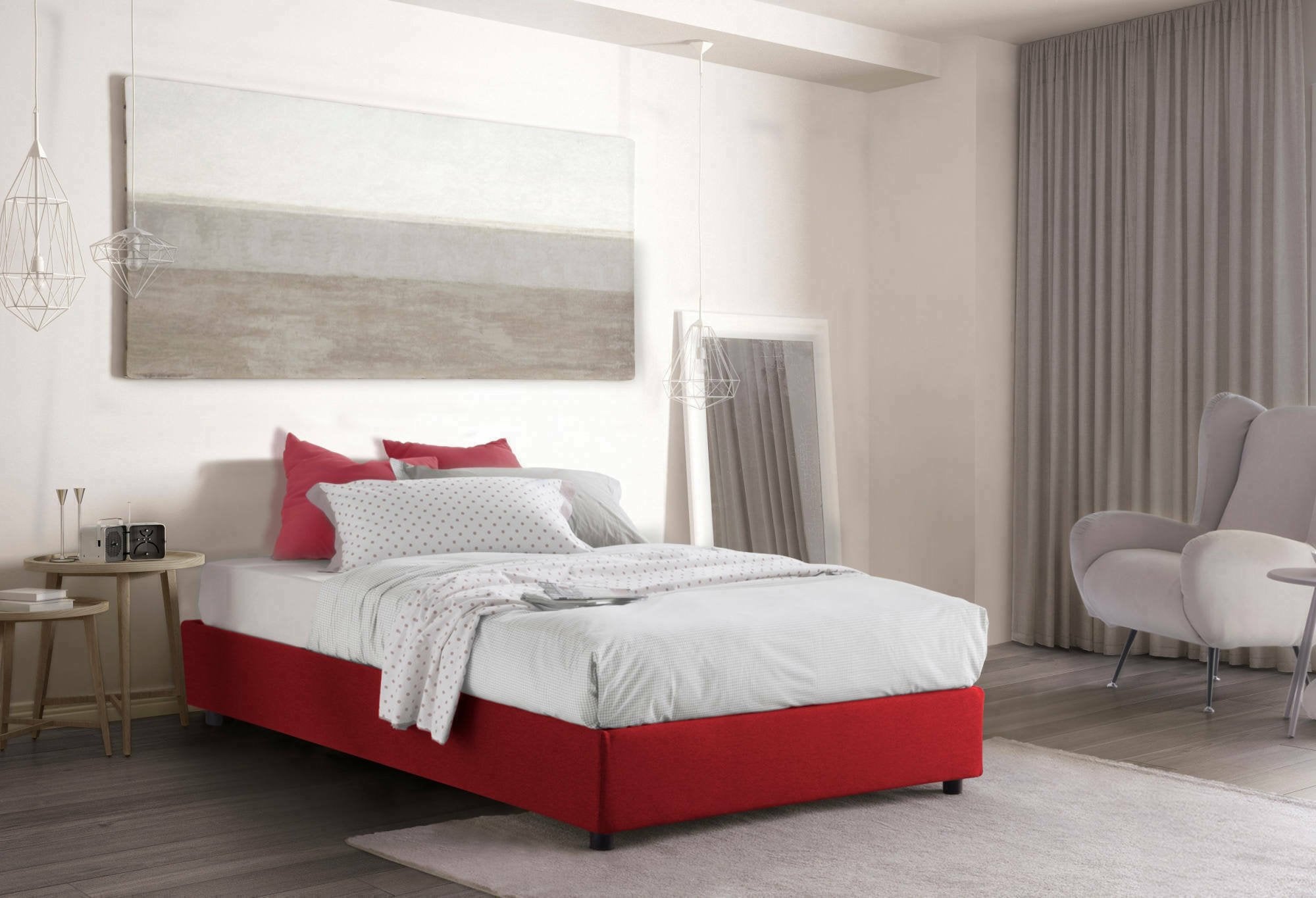 Letto piazza e mezza Alvise, Letto contenitore con rivestimento in tessuto, Made in Italy, Apertura frontale, con materasso cm 120x190 incluso, Rosso