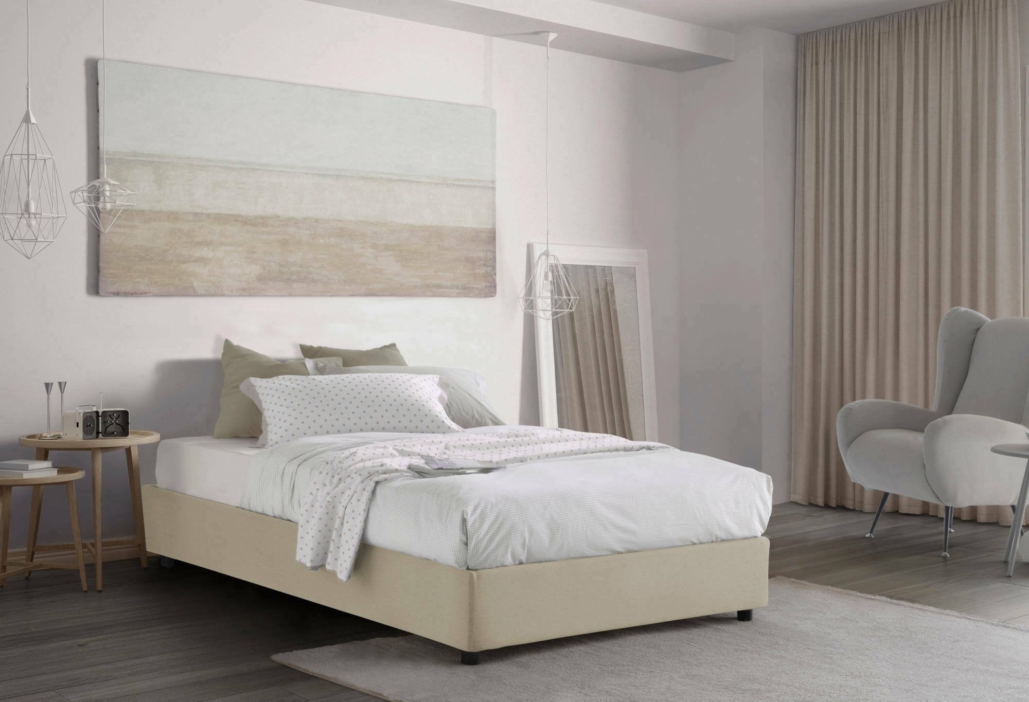 Letto piazza e mezza Ariba, Letto contenitore con rivestimento in tessuto, Made in Italy, Apertura laterale, adatto per materasso cm 120x190, Beige