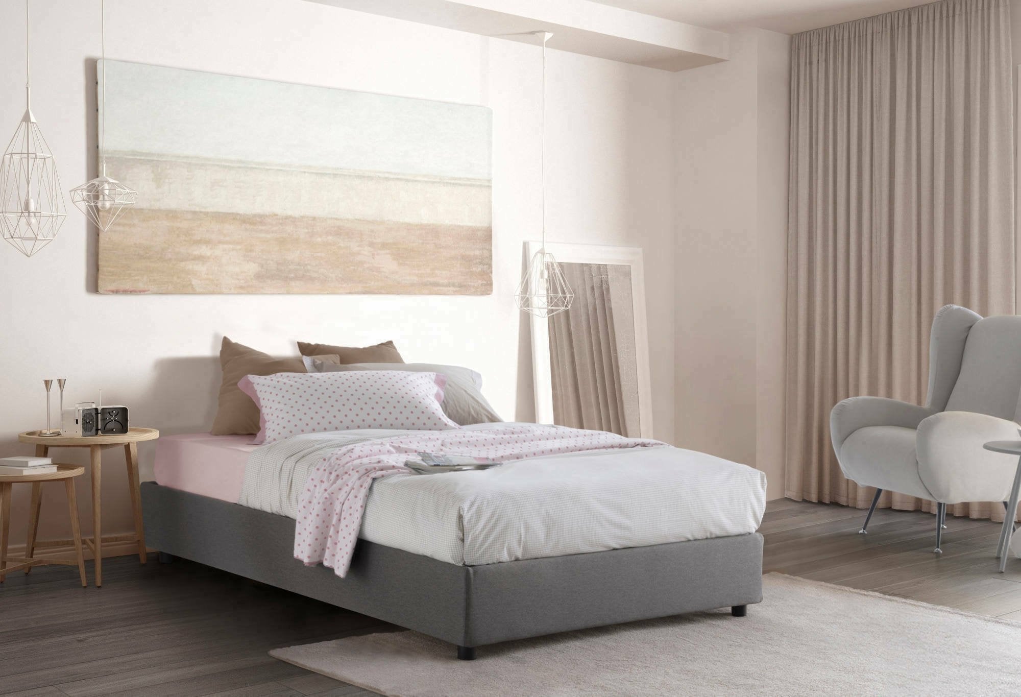 Letto piazza e mezza Ariba, Letto contenitore con rivestimento in tessuto, Made in Italy, Apertura laterale, adatto per materasso cm 120x190, Grigio