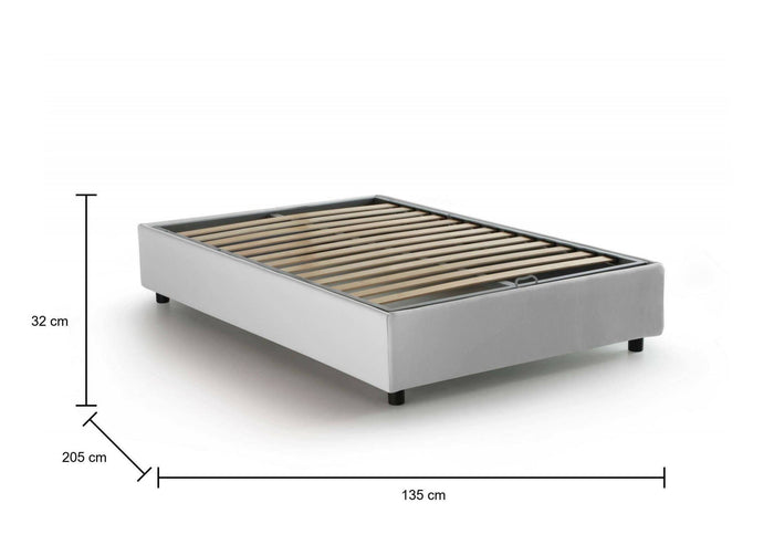 Letto piazza e mezza Ariba, Letto contenitore con rivestimento in tessuto, Made in Italy, Apertura laterale, adatto per materasso cm 120x190, Bianco