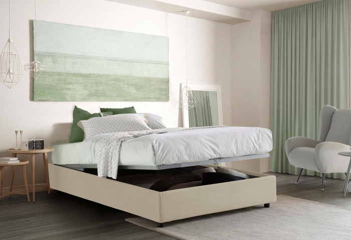 Letto matrimoniale Apel, Letto contenitore con rivestimento in tessuto, Made in Italy, Apertura frontale, con materasso cm 160x190 incluso, Beige