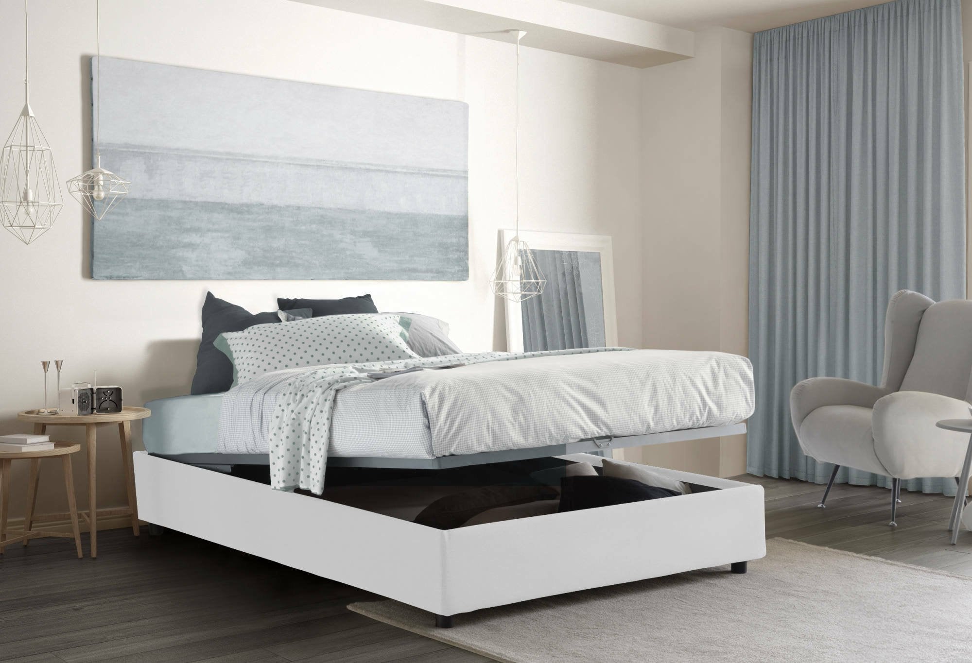 Letto matrimoniale Alaska, Letto contenitore con rivestimento in tessuto, Made in Italy, Apertura frontale, adatto per materasso cm 160x200, Bianco