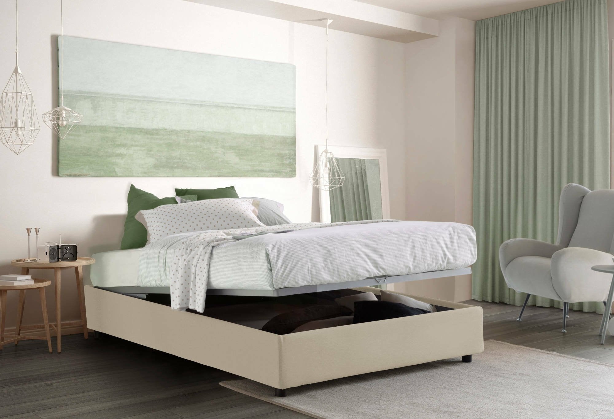 Letto matrimoniale Alessander, Letto contenitore con rivestimento in tessuto, Made in Italy, Apertura frontale, con materasso cm 160x200 incluso, Beige