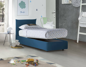 Letto singolo Ippolito, Letto contenitore con rivestimento in tessuto, Made in Italy, Apertura frontale, adatto per materasso cm 80x190, Blu