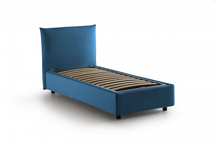 Letto singolo Ippolito, Letto contenitore con rivestimento in tessuto, Made in Italy, Apertura frontale, adatto per materasso cm 80x190, Blu