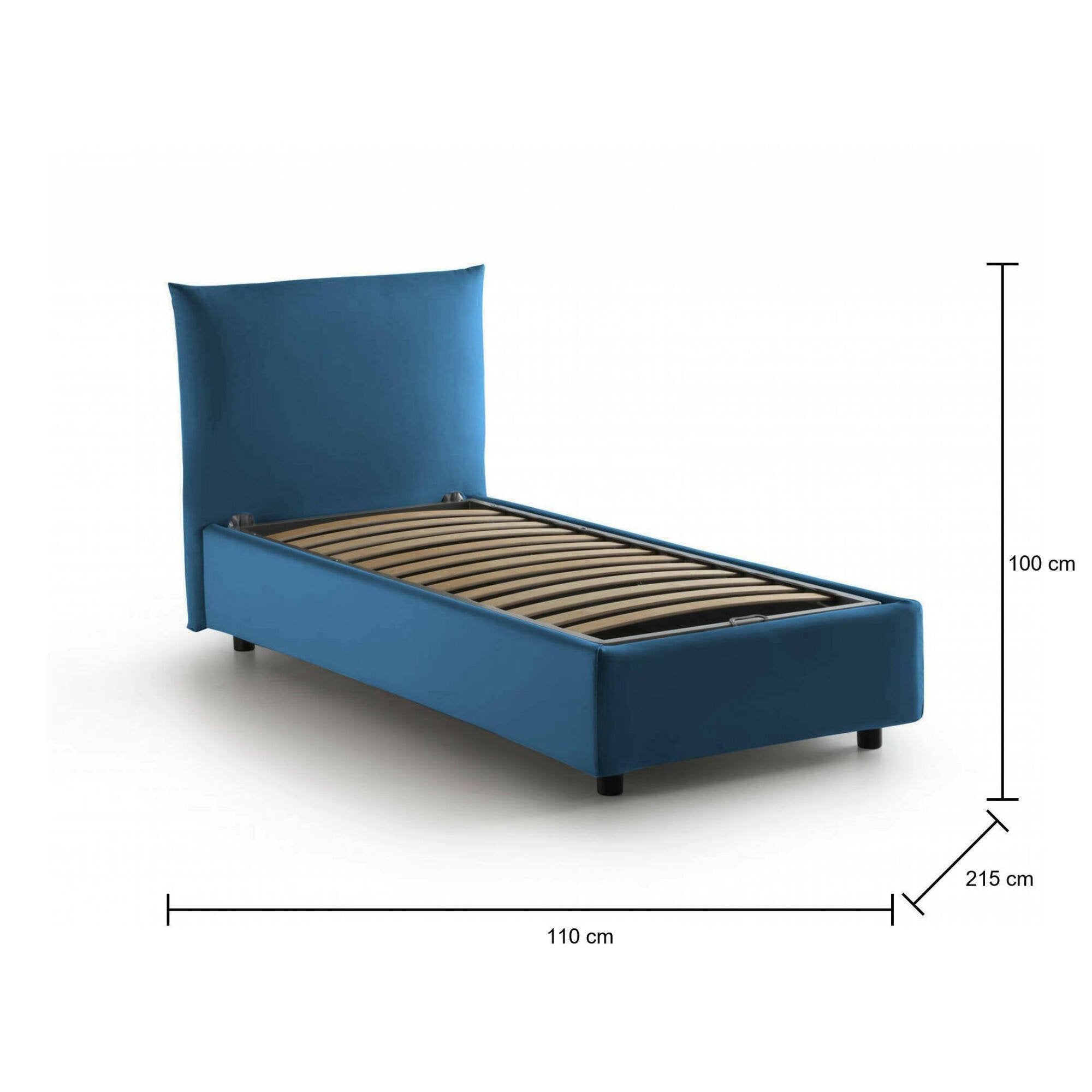 Letto singolo Ippolito, Letto contenitore con rivestimento in tessuto, Made in Italy, Apertura frontale, adatto per materasso cm 80x190, Blu