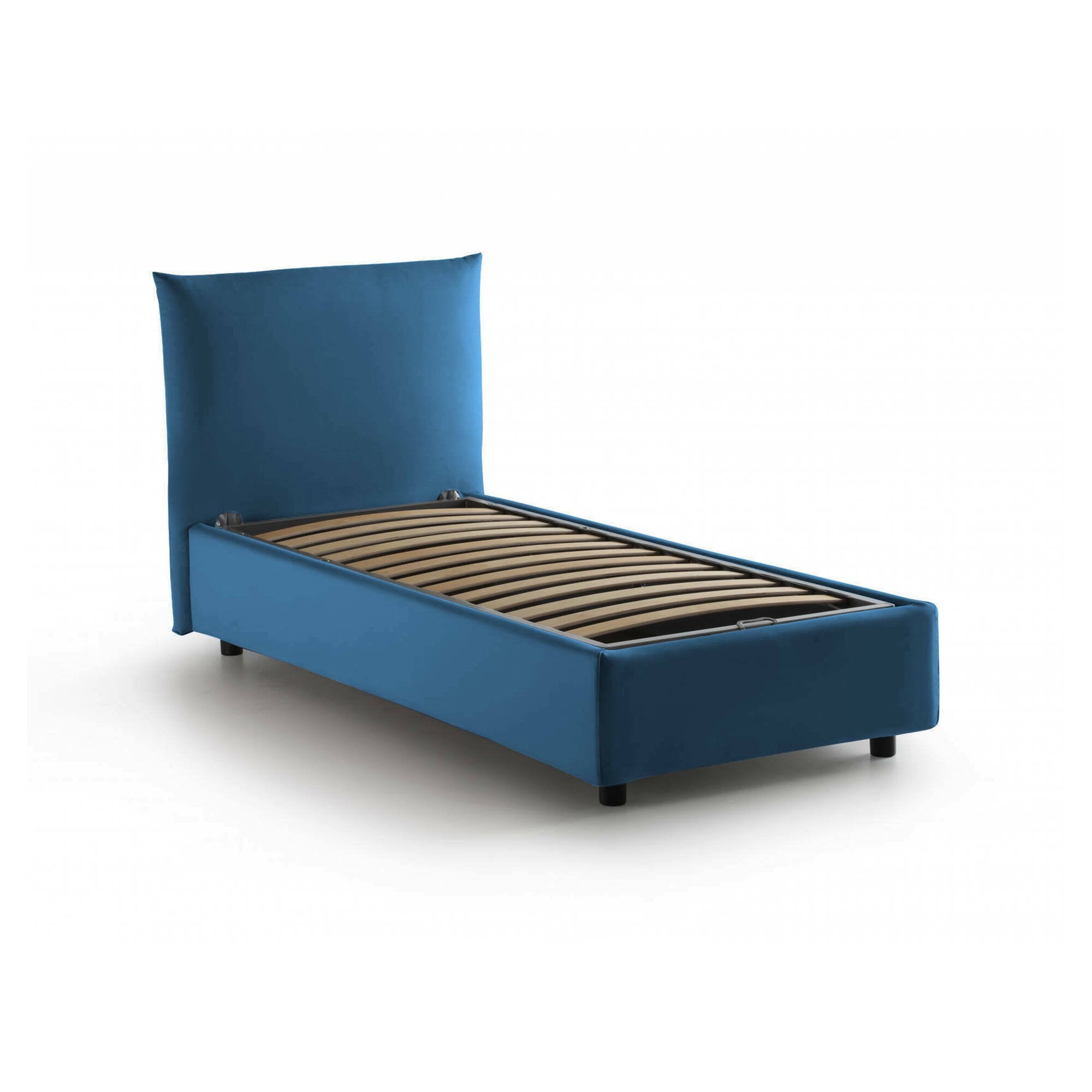 Letto singolo Ippolito, Letto contenitore con rivestimento in tessuto, Made in Italy, Apertura frontale, adatto per materasso cm 80x190, Blu