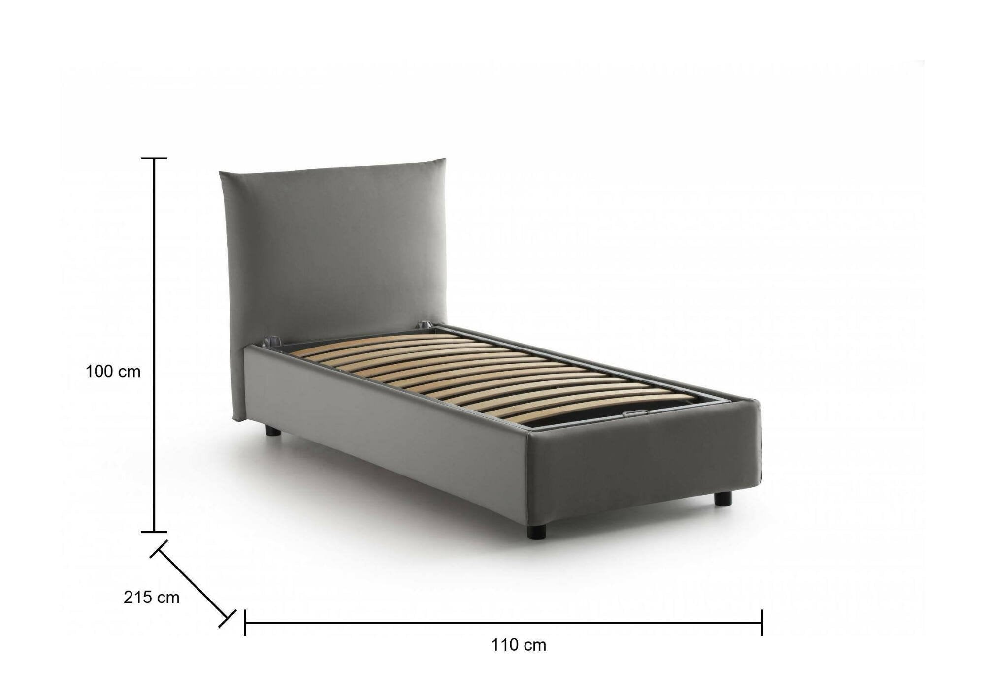 Letto singolo Ippolito, Letto contenitore con rivestimento in tessuto, Made in Italy, Apertura frontale, adatto per materasso cm 80x190, Grigio