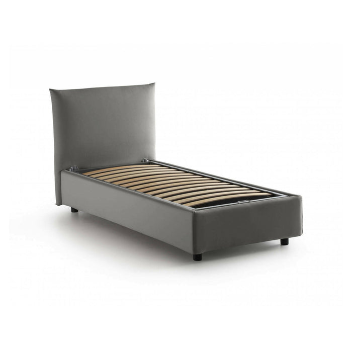 Letto singolo Ippolito, Letto contenitore con rivestimento in tessuto, Made in Italy, Apertura frontale, adatto per materasso cm 80x190, Grigio