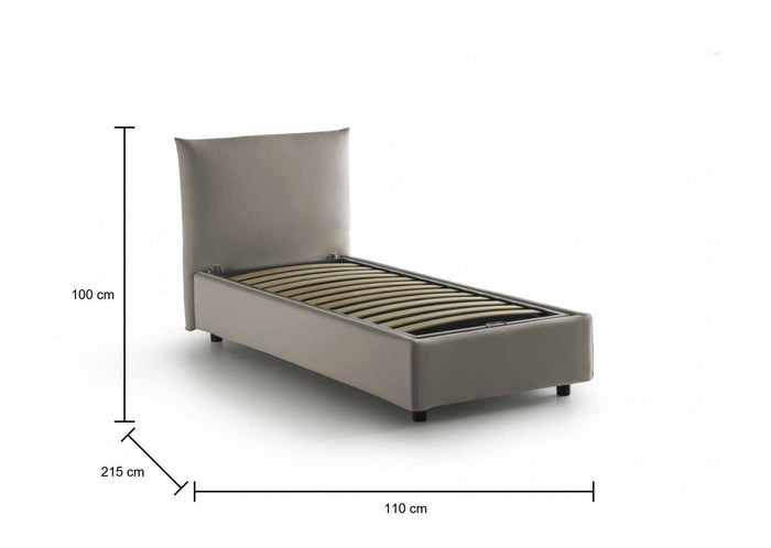 Letto singolo Ippolito, Letto contenitore con rivestimento in tessuto, Made in Italy, Apertura frontale, adatto per materasso cm 80x190, Tortora