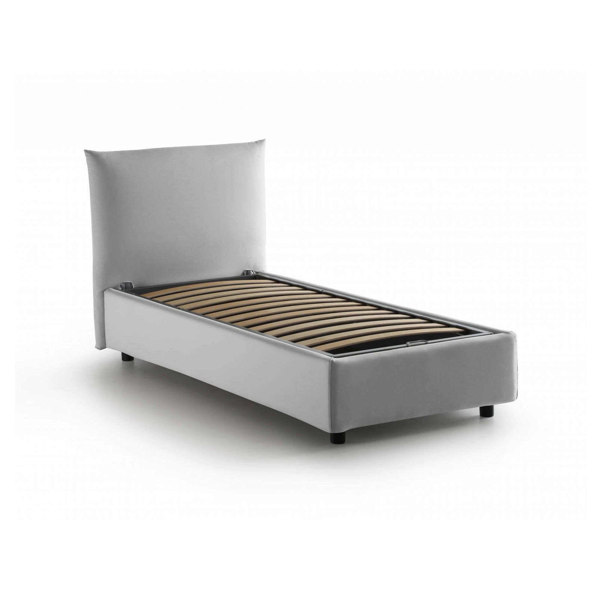 Letto singolo Ippolito, Letto contenitore con rivestimento in tessuto, Made in Italy, Apertura frontale, adatto per materasso cm 80x190, Bianco
