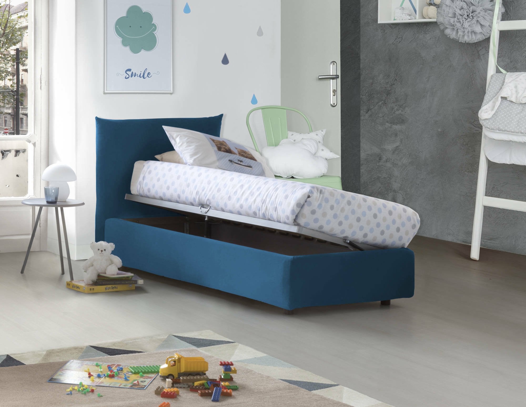 Letto singolo Alisech, Letto contenitore con rivestimento in tessuto, Made in Italy, Apertura laterale, adatto per materasso cm 80x190, Blu