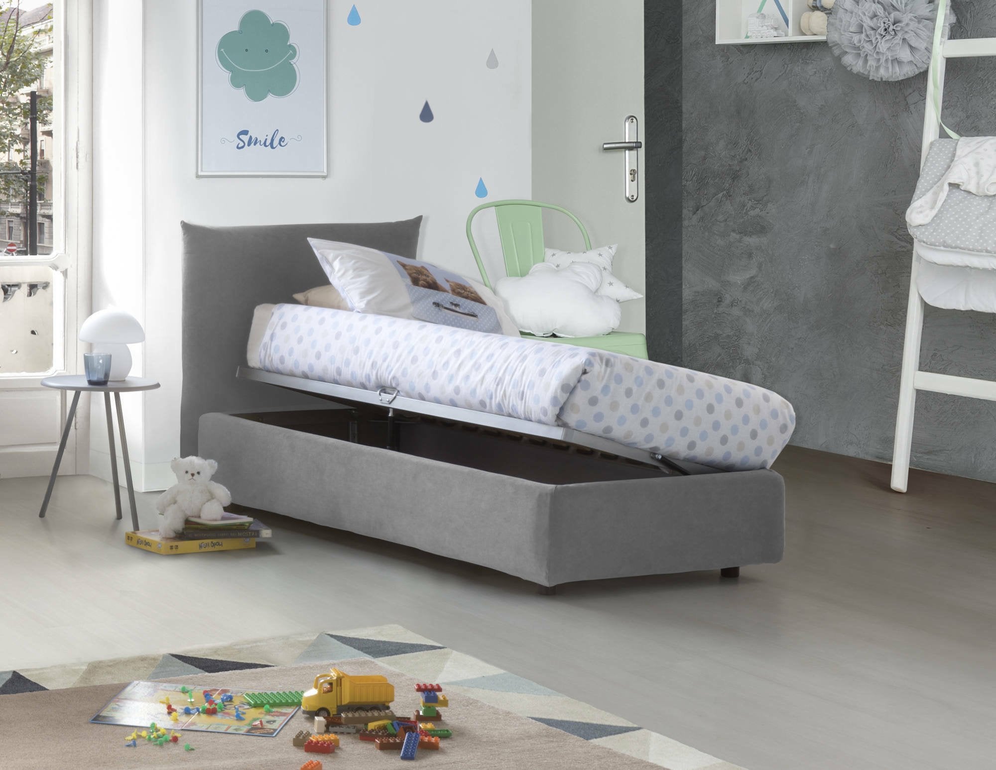 Letto singolo Alisech, Letto contenitore con rivestimento in tessuto, Made in Italy, Apertura laterale, adatto per materasso cm 80x190, Grigio