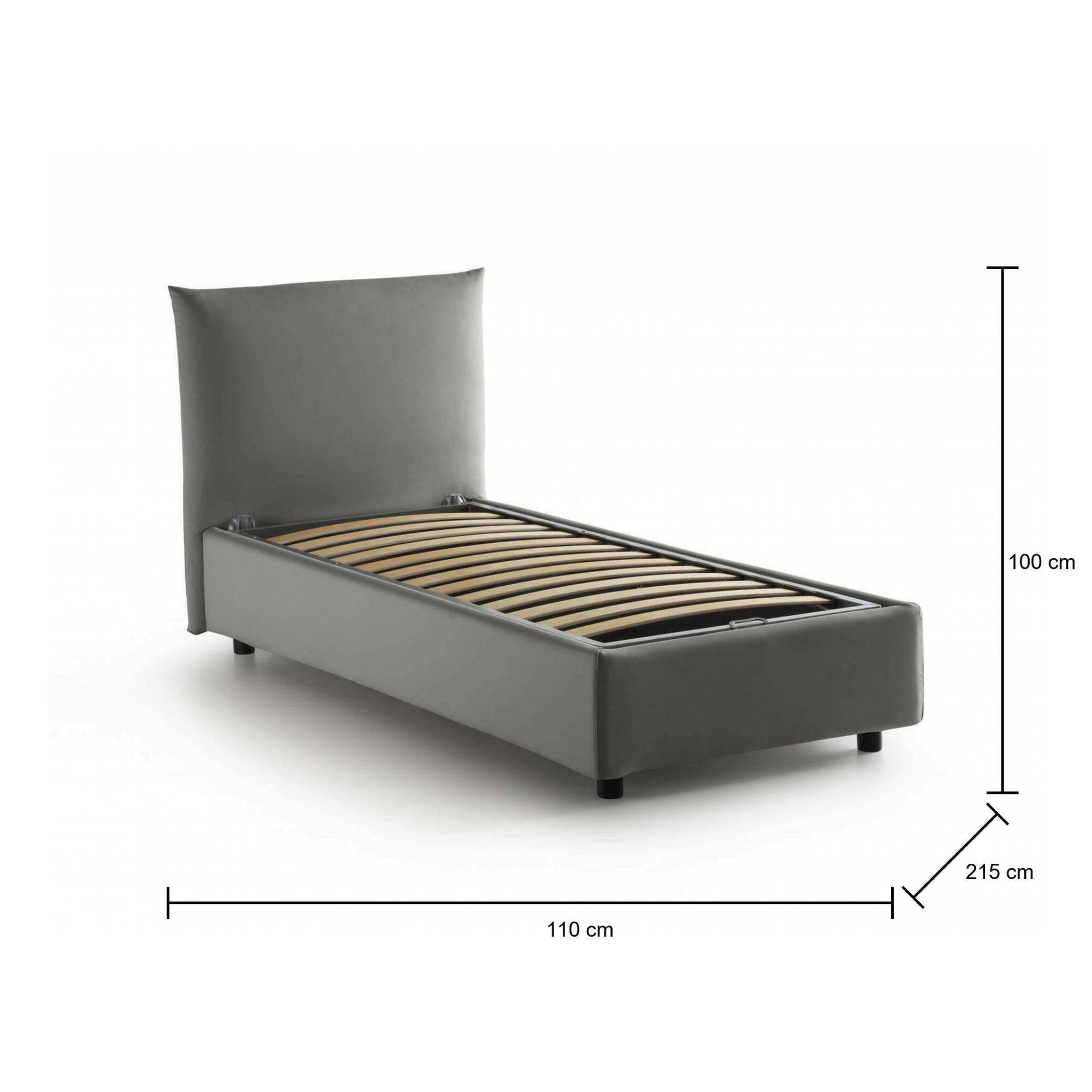 Letto singolo Alisech, Letto contenitore con rivestimento in tessuto, Made in Italy, Apertura laterale, adatto per materasso cm 80x190, Grigio