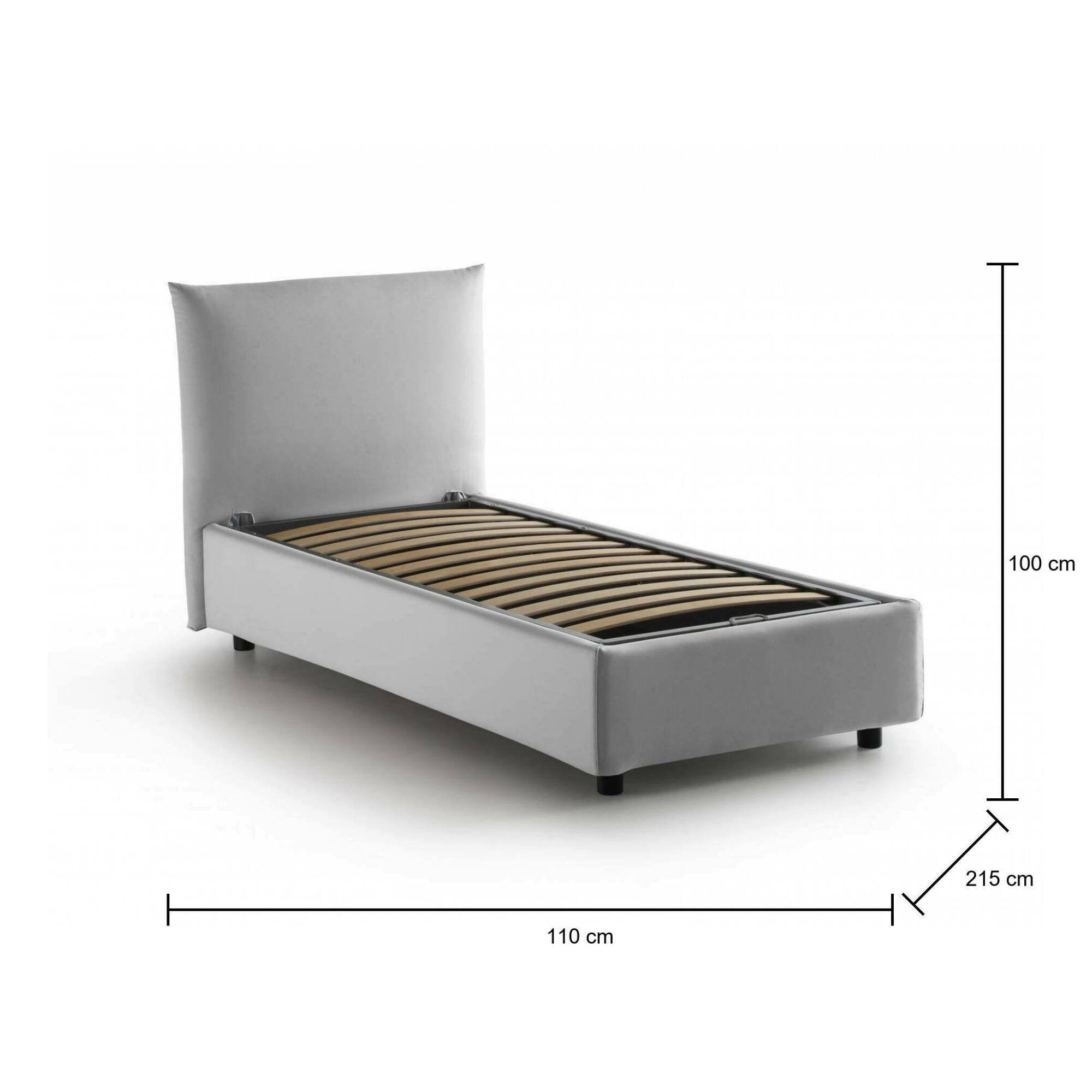 Letto singolo Alisech, Letto contenitore con rivestimento in tessuto, Made in Italy, Apertura laterale, adatto per materasso cm 80x190, Bianco
