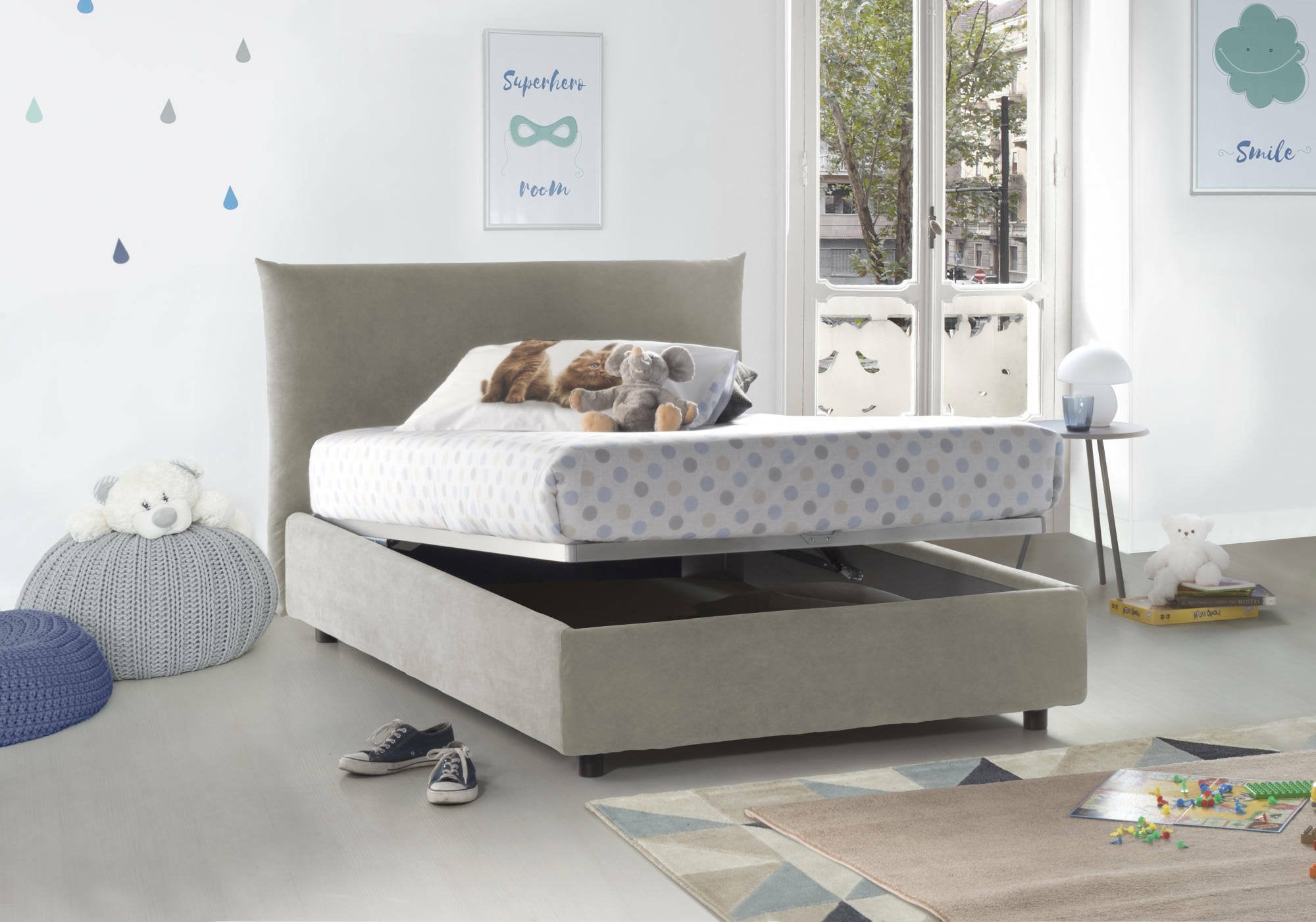 Letto piazza e mezza Amorino, Letto contenitore con rivestimento in tessuto, Made in Italy, Apertura frontale, adatto per materasso cm 120x190, Beige