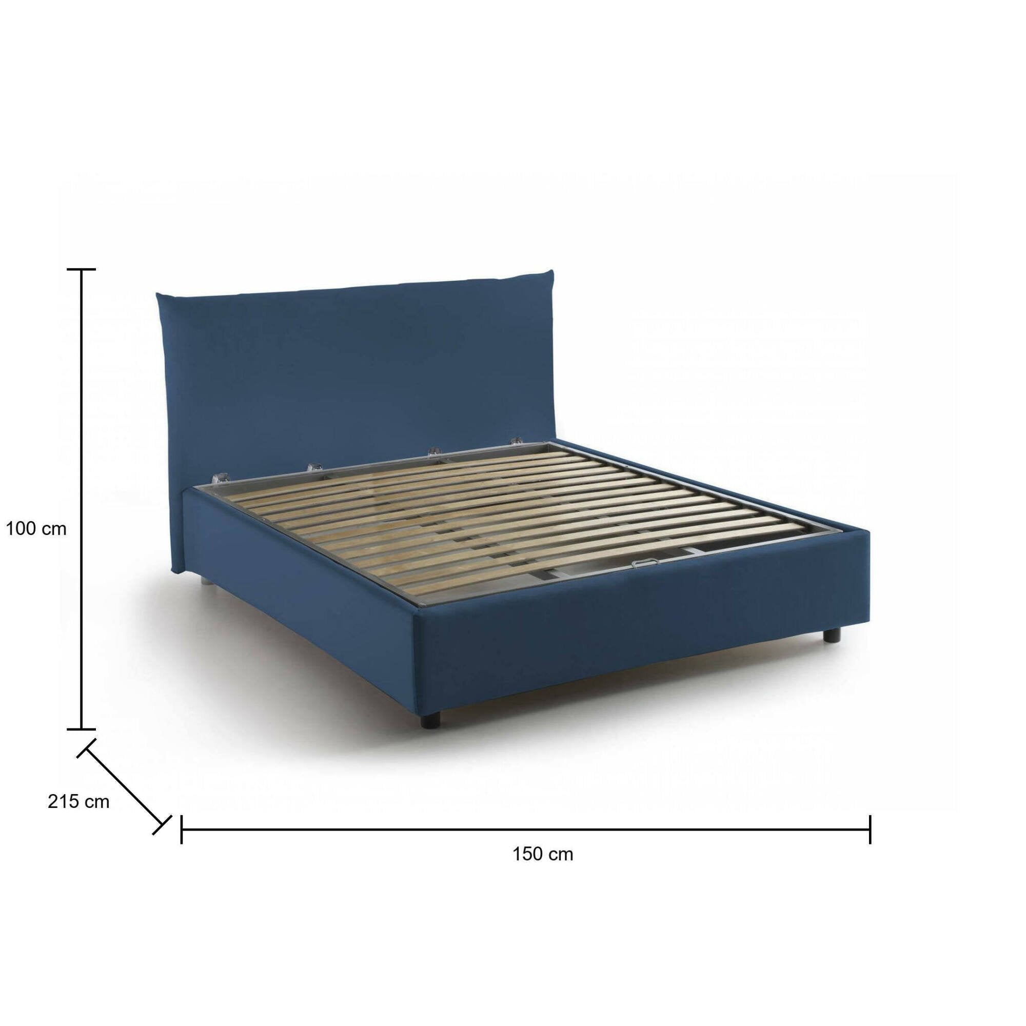 Letto piazza e mezza Amorino, Letto contenitore con rivestimento in tessuto, Made in Italy, Apertura frontale, adatto per materasso cm 120x190, Blu