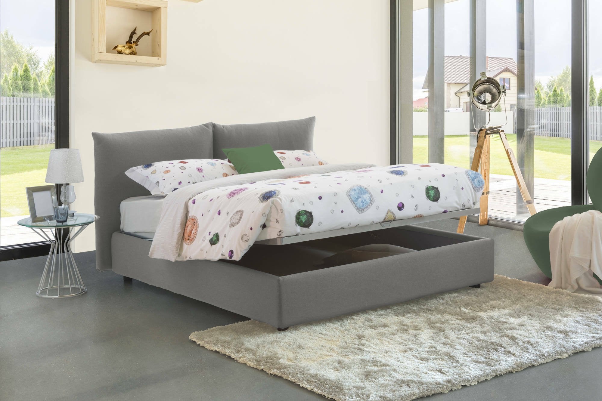 Letto matrimoniale Alizarin, Letto contenitore con rivestimento in tessuto, Made in Italy, Apertura frontale, adatto per materasso cm 160x190, Grigio
