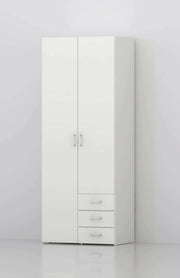 Armadio guardaroba a due ante e tre cassetti, colore bianco, Misure 77 x 200 x 49,5 cm