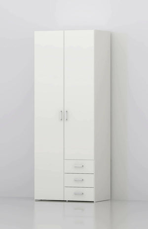 Armadio guardaroba a due ante e tre cassetti, colore bianco, Misure 77 x 200 x 49,5 cm