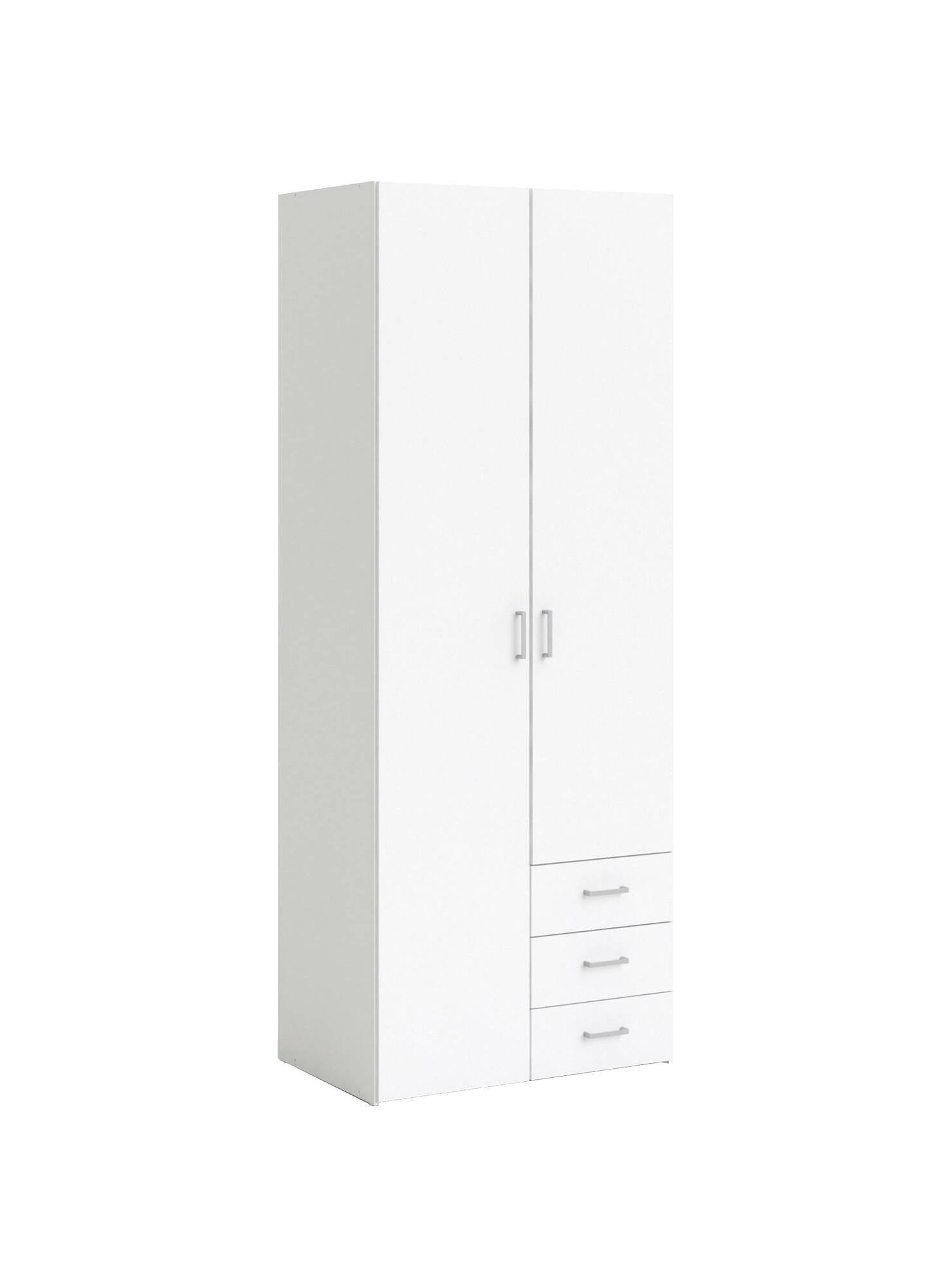 Armadio guardaroba a due ante e tre cassetti, colore bianco, Misure 77 x 200 x 49,5 cm