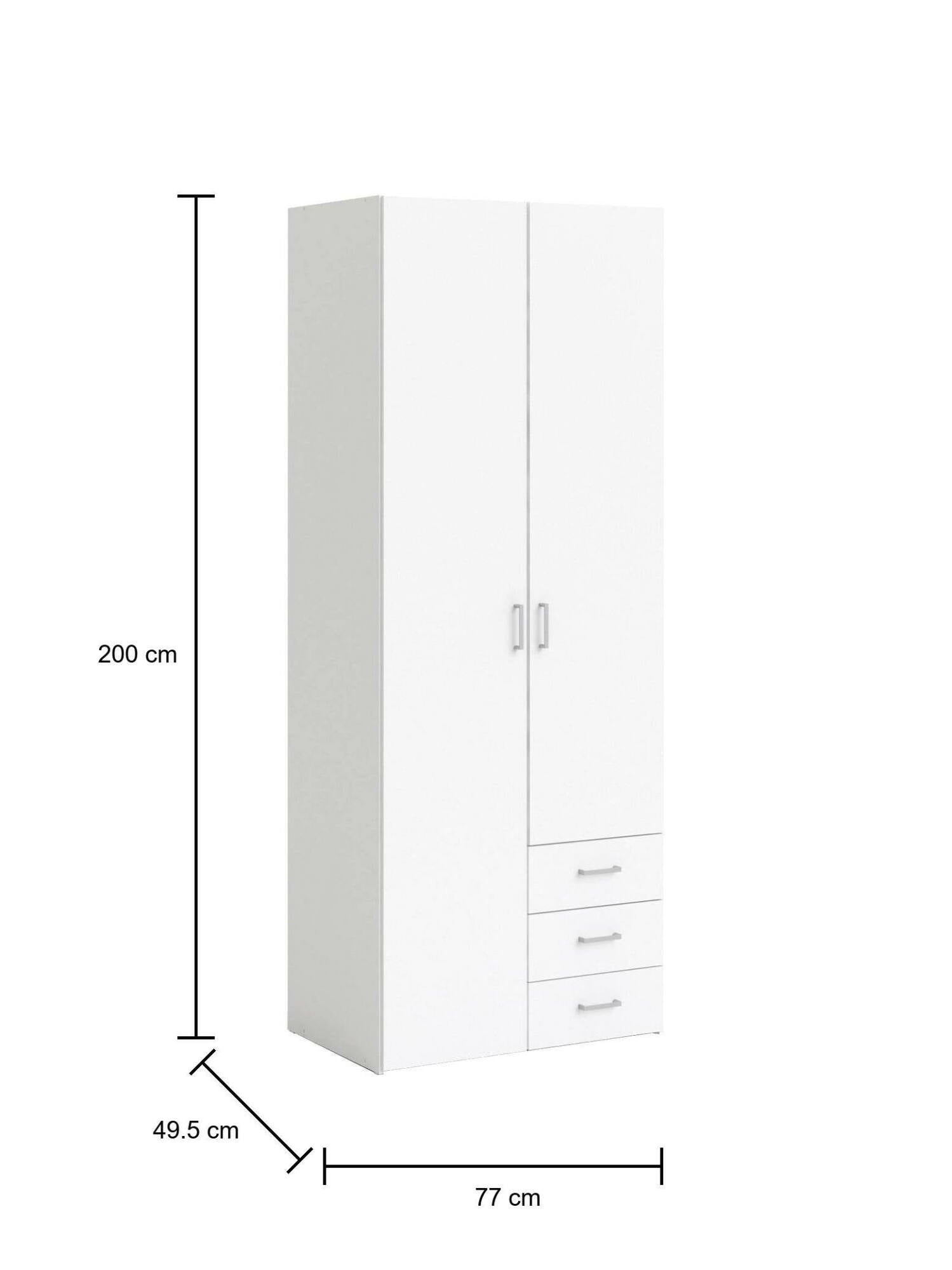 Armadio guardaroba a due ante e tre cassetti, colore bianco, Misure 77 x 200 x 49,5 cm