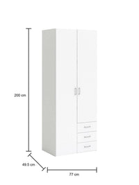 Armadio guardaroba a due ante e tre cassetti, colore bianco, Misure 77 x 200 x 49,5 cm