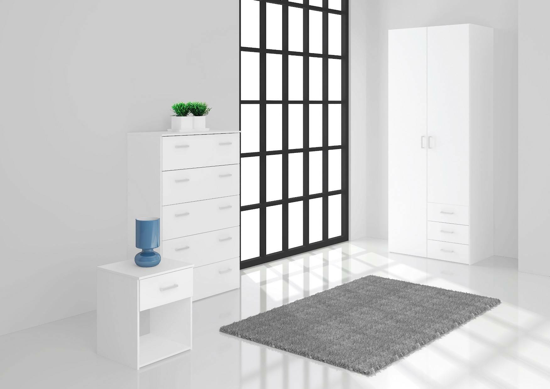 Armadio guardaroba a due ante e tre cassetti, colore bianco, Misure 77 x 200 x 49,5 cm