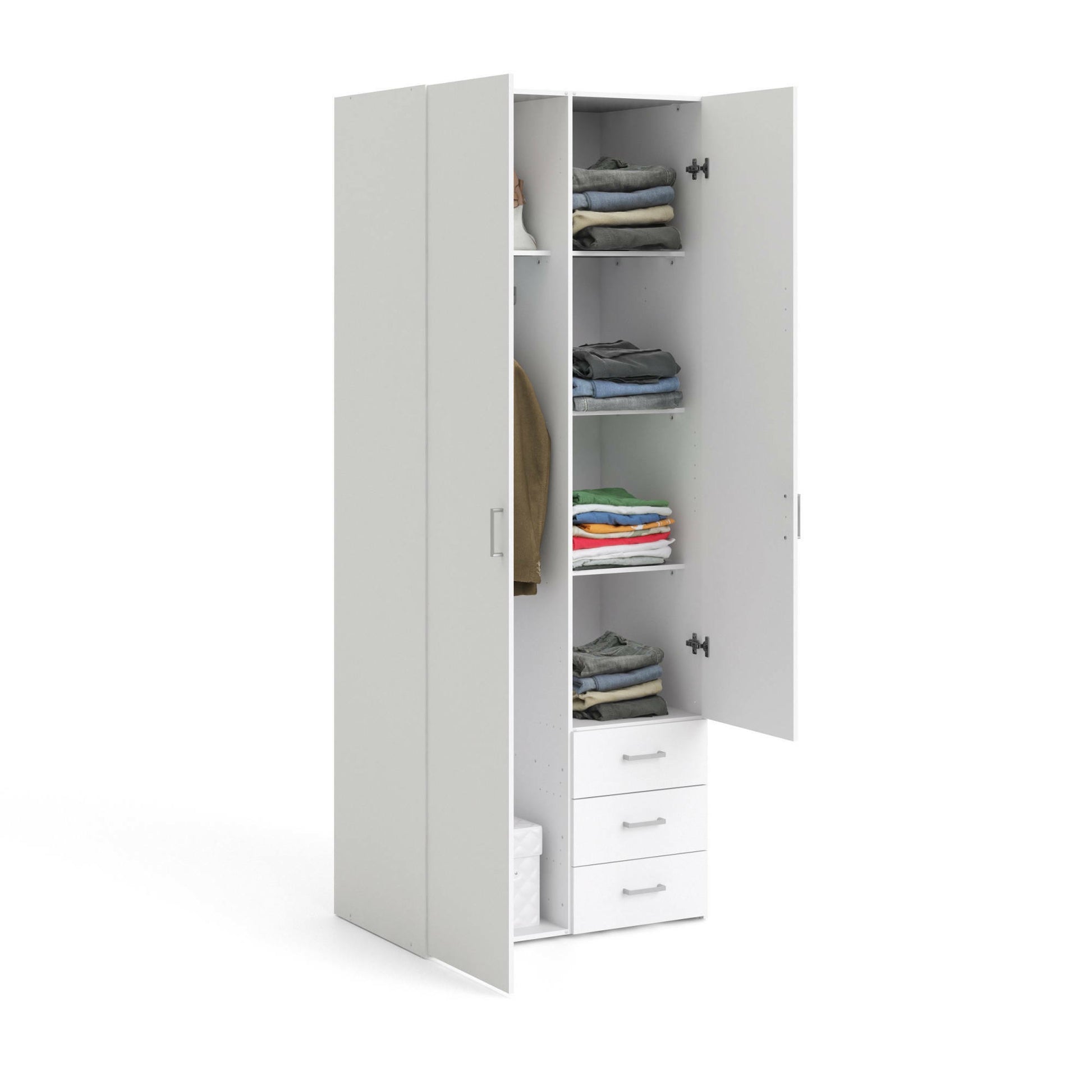 Armadio guardaroba a due ante e tre cassetti, colore bianco, Misure 77 x 200 x 49,5 cm