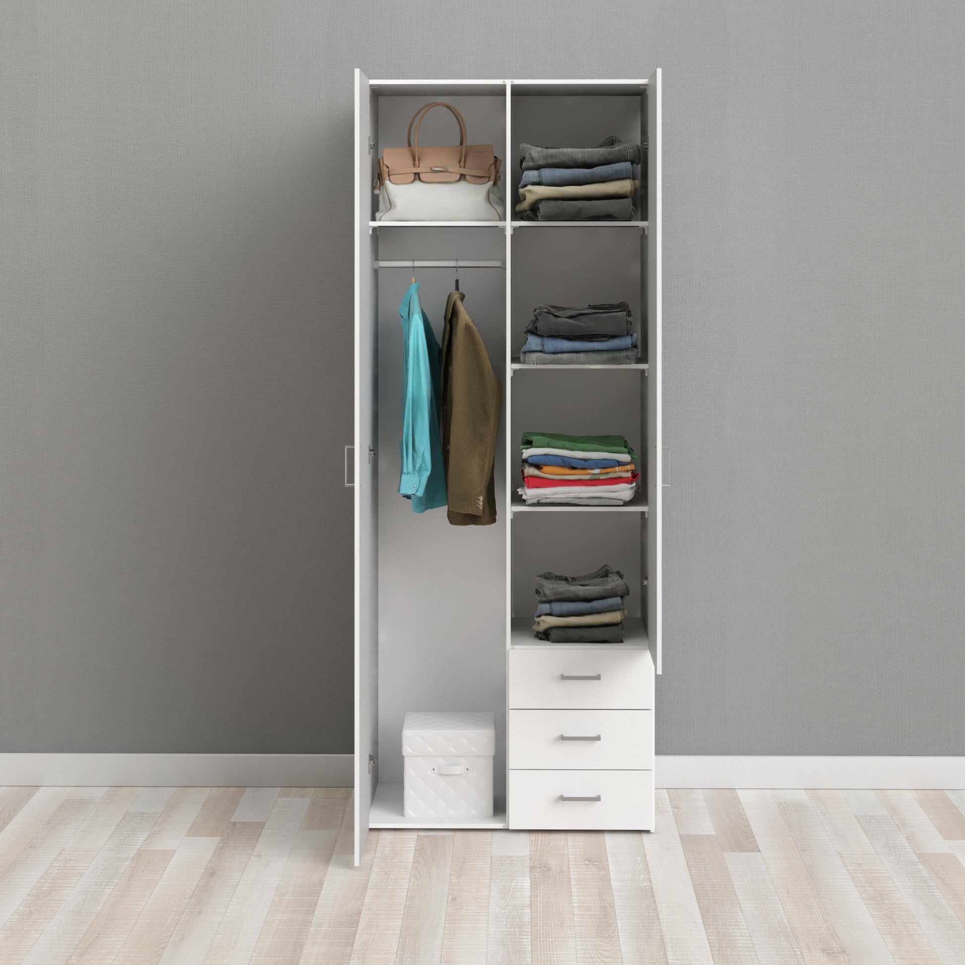 Armadio guardaroba a due ante e tre cassetti, colore bianco, Misure 77 x 200 x 49,5 cm