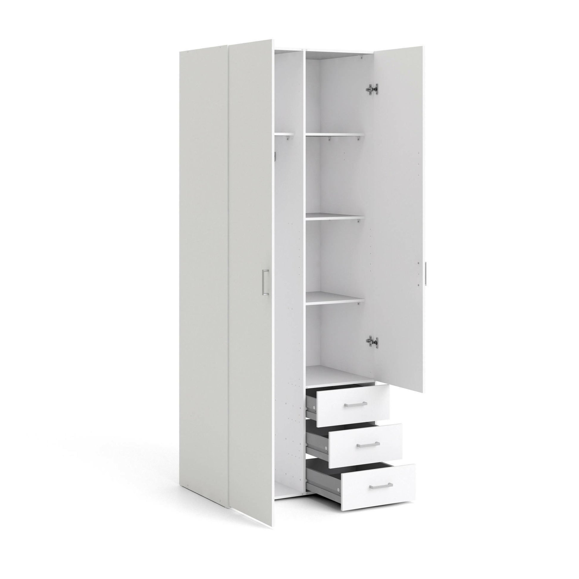 Armadio guardaroba a due ante e tre cassetti, colore bianco, Misure 77 x 200 x 49,5 cm