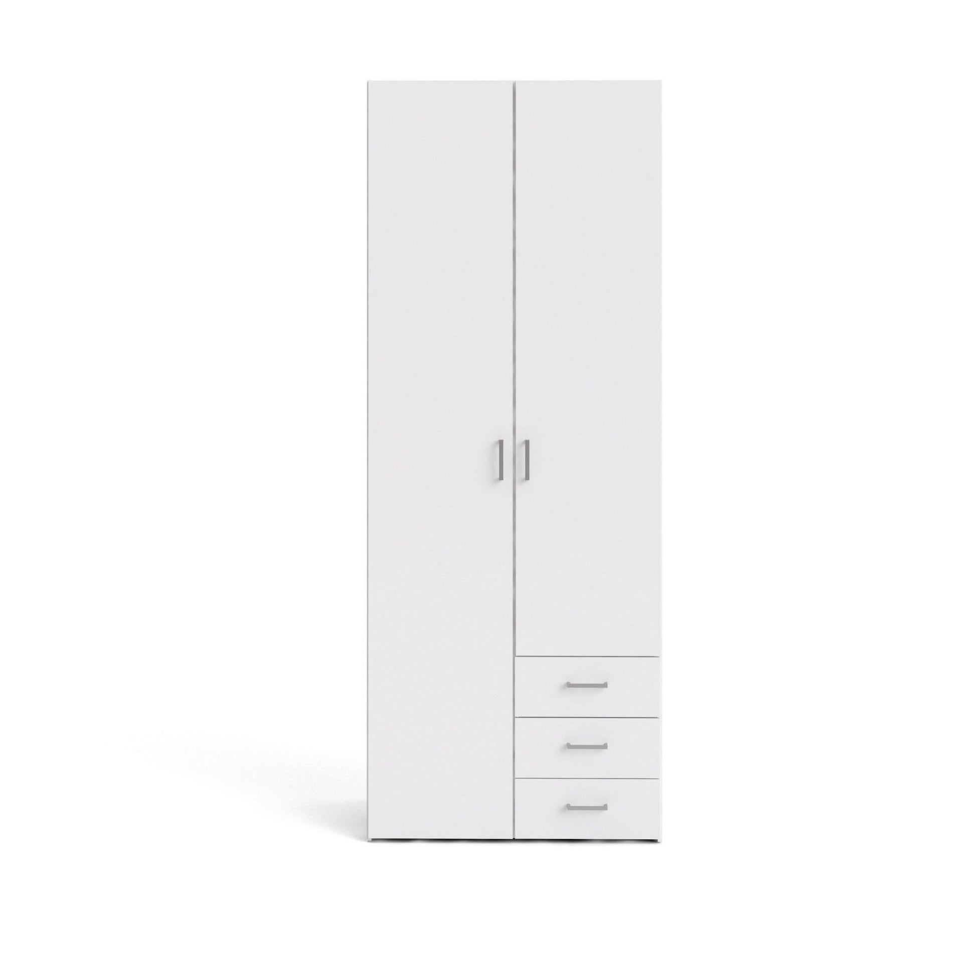Armadio guardaroba a due ante e tre cassetti, colore bianco, Misure 77 x 200 x 49,5 cm