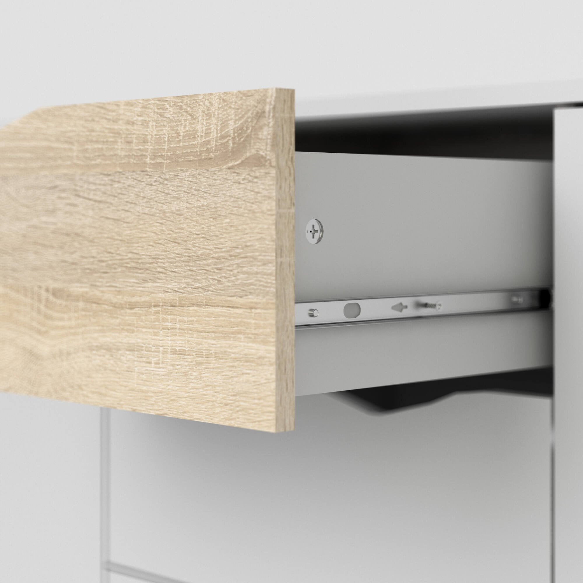 Credenza a tre a ante e tre Anima, colore bianco e rovere, Misure 195 x 81 x 39 cm