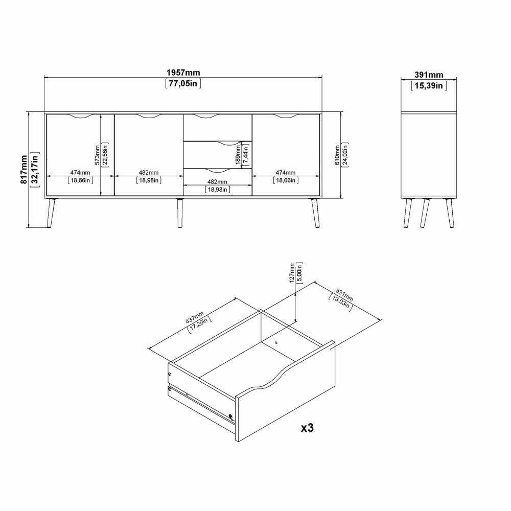 Credenza a tre a ante e tre Anima, colore bianco e rovere, Misure 195 x 81 x 39 cm