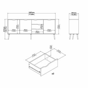 Credenza a tre a ante e tre Anima, colore bianco e rovere, Misure 195 x 81 x 39 cm
