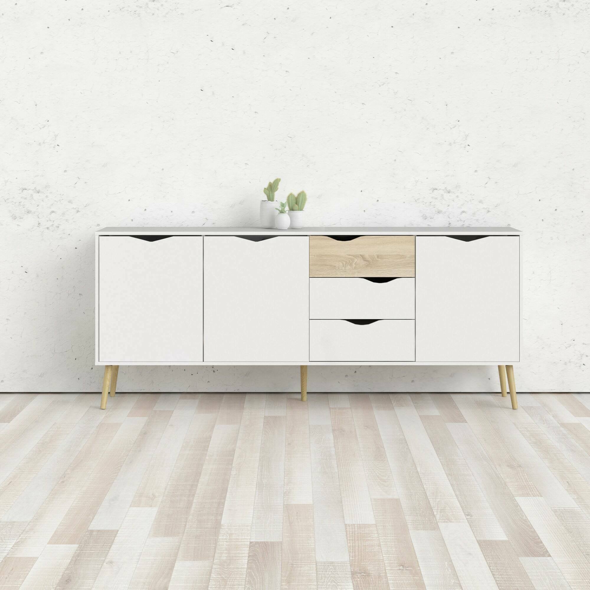 Credenza a tre a ante e tre Anima, colore bianco e rovere, Misure 195 x 81 x 39 cm