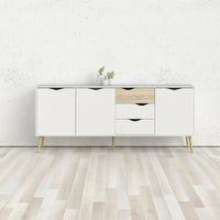Credenza a tre a ante e tre Anima, colore bianco e rovere, Misure 195 x 81 x 39 cm