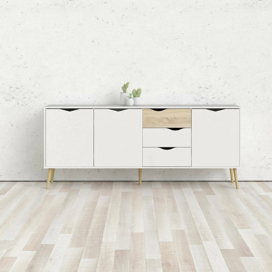 Credenza a tre a ante e tre Anima, colore bianco e rovere, Misure 195 x 81 x 39 cm