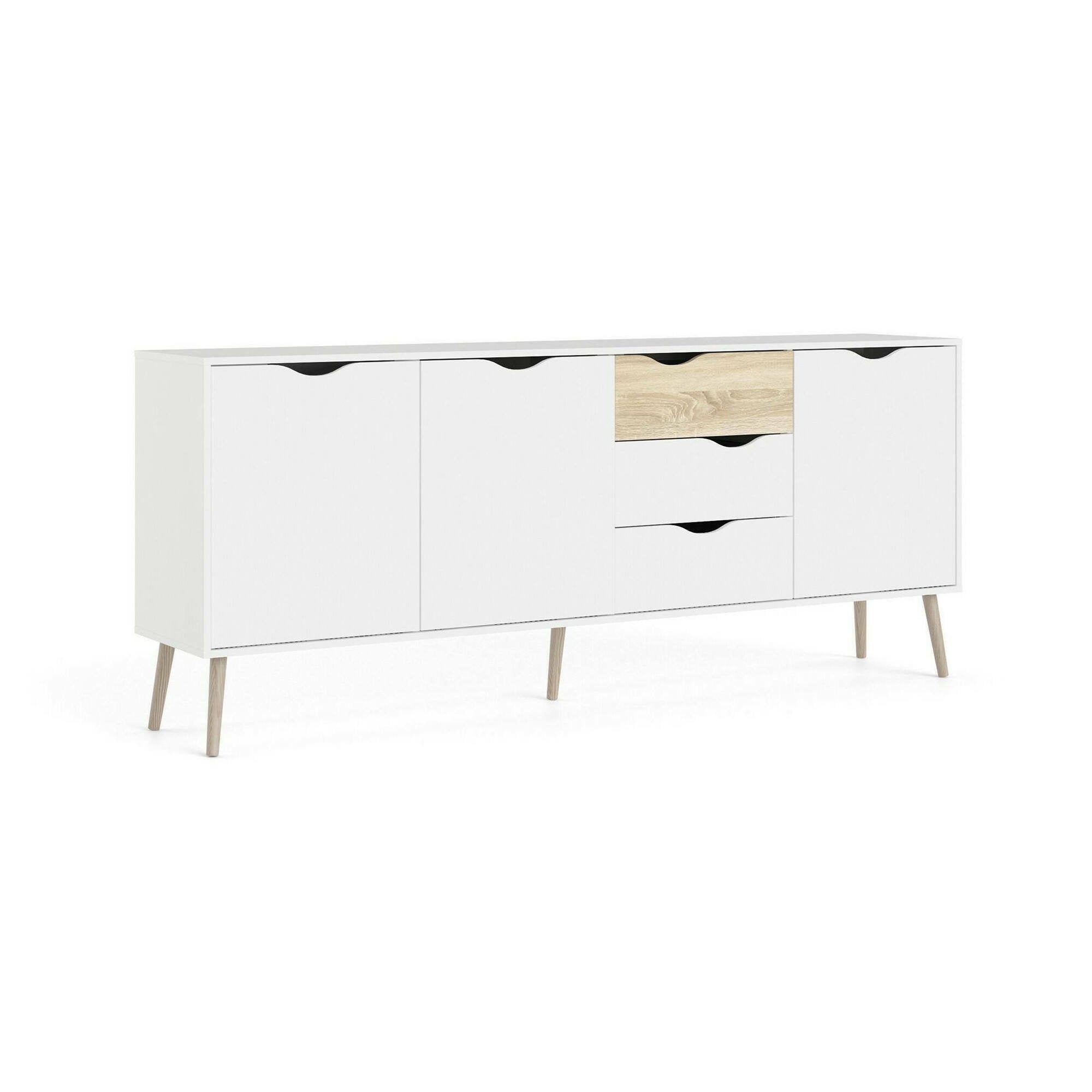 Credenza a tre a ante e tre Anima, colore bianco e rovere, Misure 195 x 81 x 39 cm