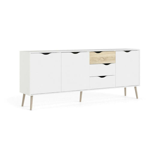 Credenza a tre a ante e tre Anima, colore bianco e rovere, Misure 195 x 81 x 39 cm