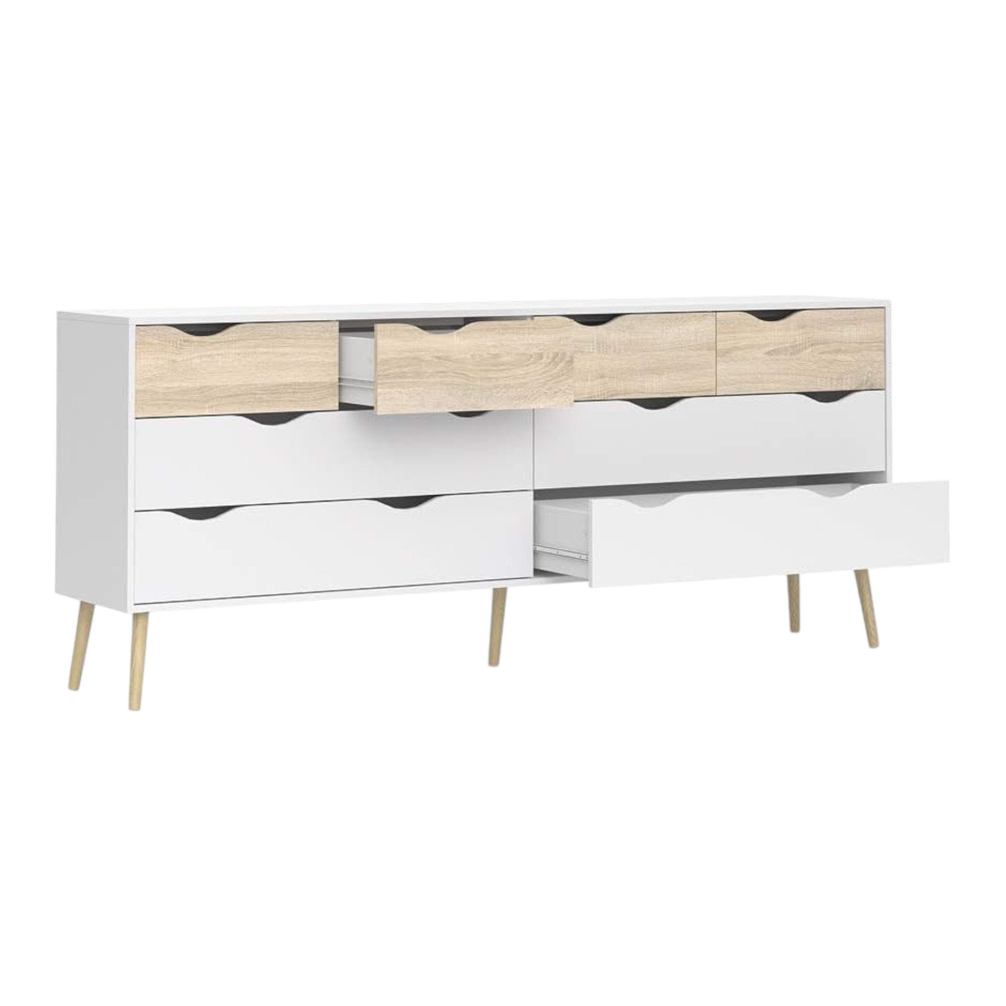 Cassettiera doppia a 8 Arista, colore bianco e rovere, cm 195 x 81 x 39