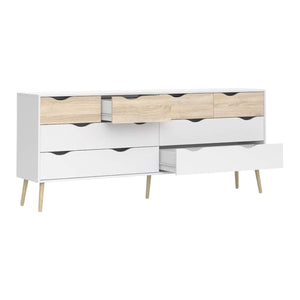 Cassettiera doppia a 8 Arista, colore bianco e rovere, cm 195 x 81 x 39