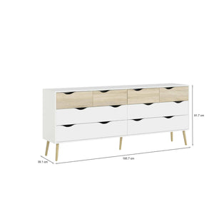 Cassettiera doppia a 8 Arista, colore bianco e rovere, cm 195 x 81 x 39