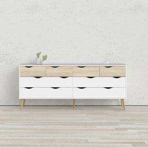 Cassettiera doppia a 8 Arista, colore bianco e rovere, cm 195 x 81 x 39
