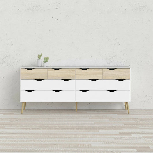 Cassettiera doppia a 8 Arista, colore bianco e rovere, cm 195 x 81 x 39