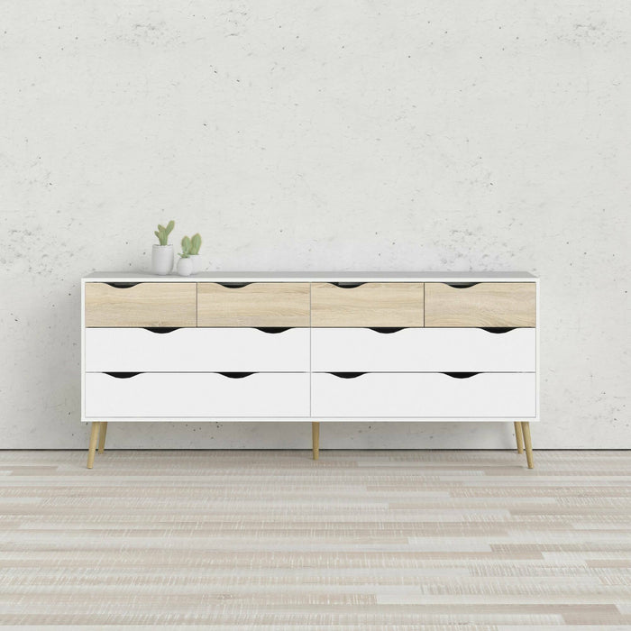 Cassettiera doppia a 8 Arista, colore bianco e rovere, cm 195 x 81 x 39