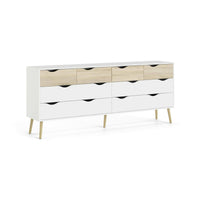 Cassettiera doppia a 8 Arista, colore bianco e rovere, cm 195 x 81 x 39